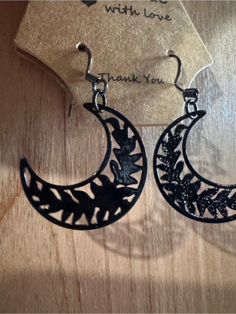 Hand crafted Black Crescent Moon Filigree Drop Earrings